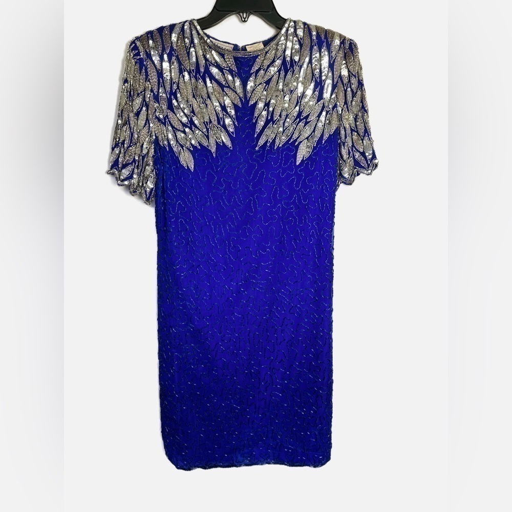 Vintage Stenay Royal Blue and Silver Sequin and Beaded Mini Dress